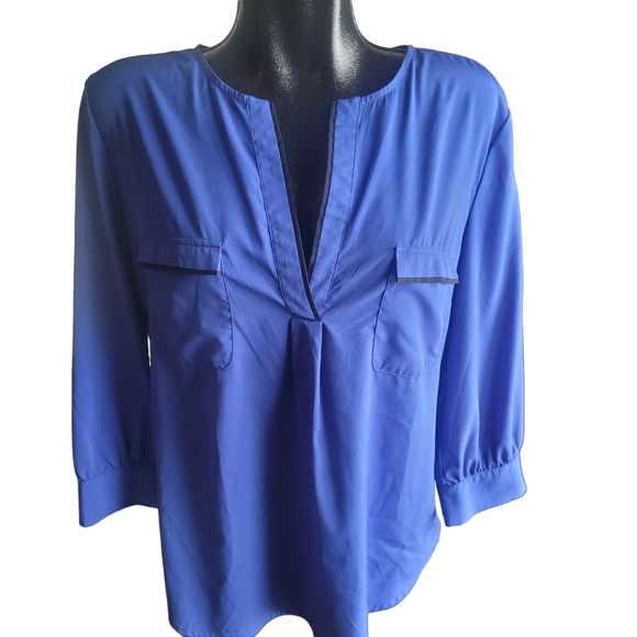 Banana Republic Blue V-Neck Pullover Top with Black Trim L - Picture 1 of 7